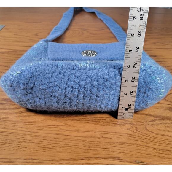 Handmade Felted Wool Shoulder Bag Blue Knit Purse Cotton Lined with Pockets Boho - Picture 12 of 15